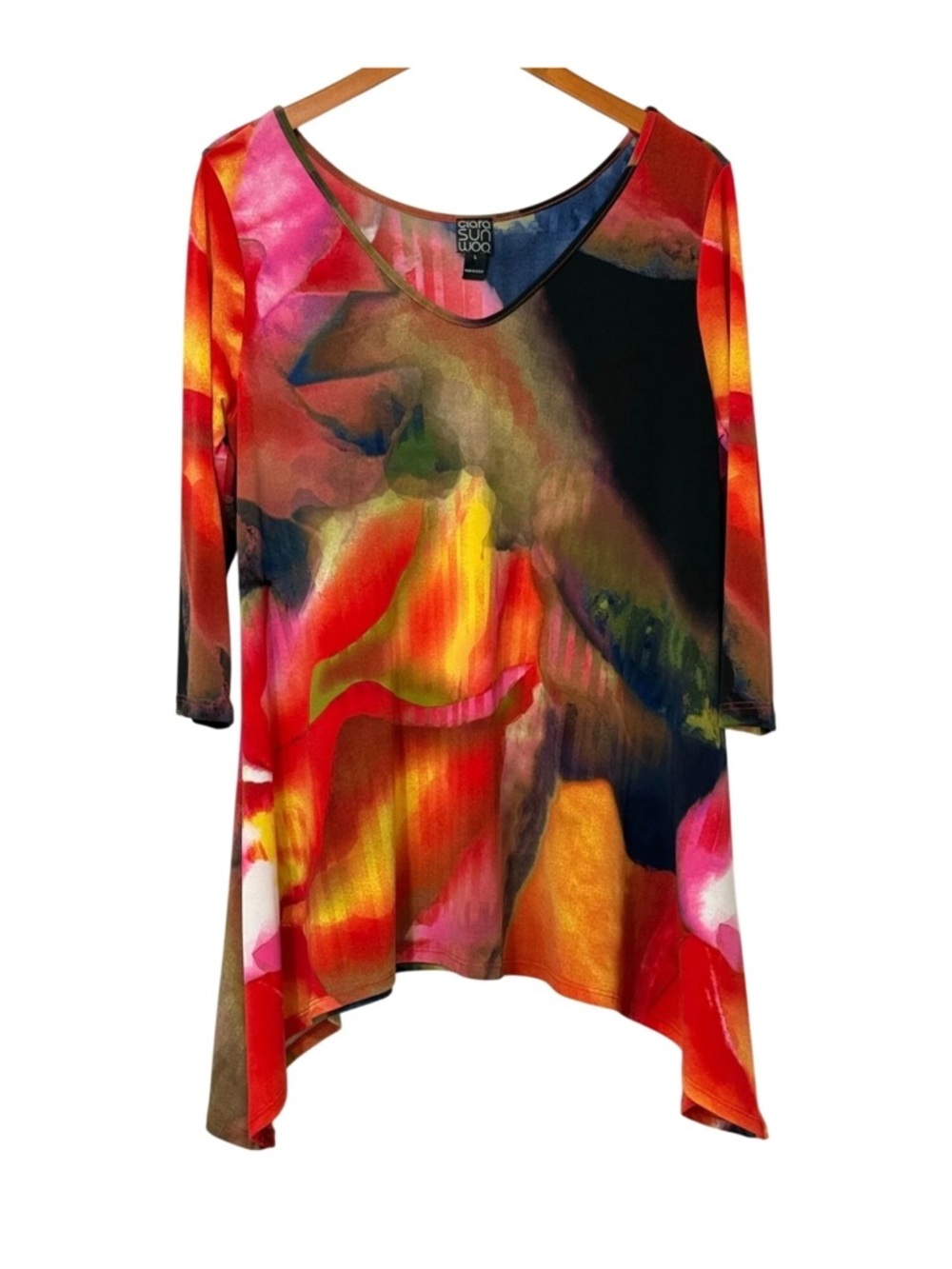 Clara Sun Woo Multicolor Abstract V-Neck Tunic - Red, Orange, Pink, Black